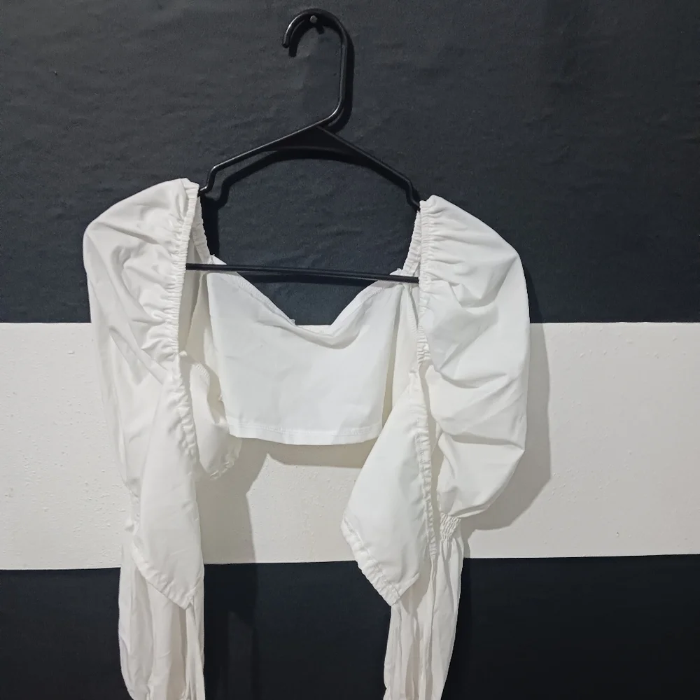 Women sexy white tie puffer elastic long sleeve top - Picture 3 of 16